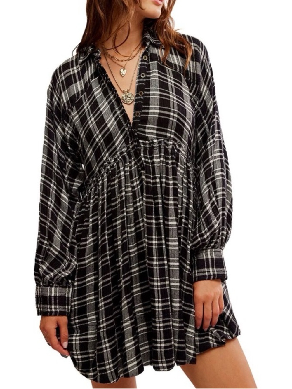 Free People Black and White Plaid Mini Babydoll Dress | XS